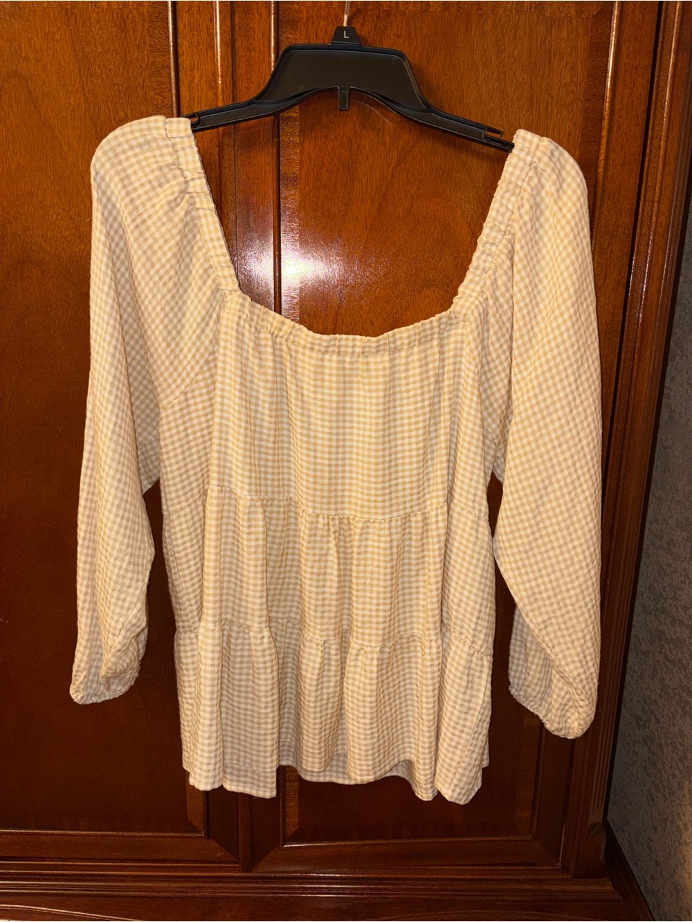 Tan and White Gingham Peasant Top